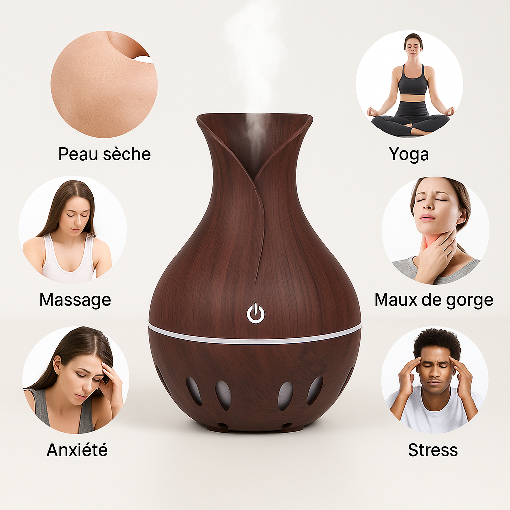 Diffuseur & humidificateur d’huiles essentielles – design bois foncé 130 ml